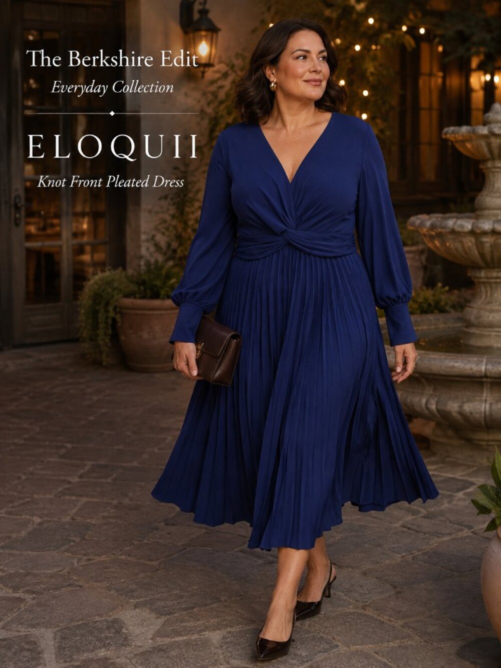 ELOQUII Knot Front Pleated Midi Dress 20 Navy Blue Long Sleeve Plus Size